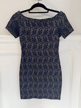 Lush Navy Lace-Overlay Off-Shoulder Mini Dress